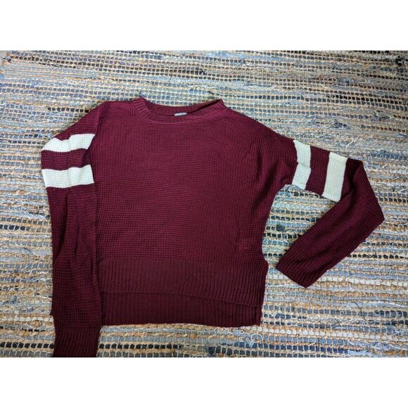 Burgundy Rugby Striped Open Knit High Low Sweater L Round Neck Lightweight Retro - Picture 5 of 8